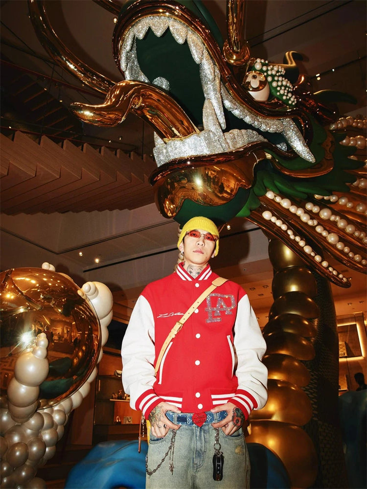 Broken Pearl Rhinestone Patchwork Leather Sleeve Baseball Jacket High Street Casual Loose Jacket Street Hip-hop Rock Fashion