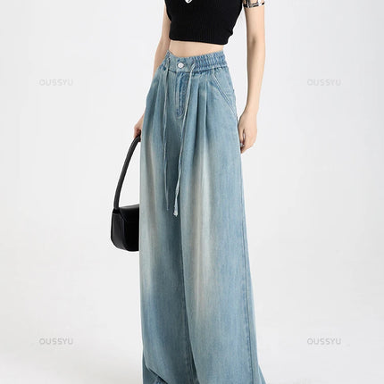 Estate di Lusso Morbido Accogliente 100% Tessuto Lyocell Donna Jeans Allentati Gamba Larga Elastico in Vita Pantaloni Moda Casual Più Lunghezza