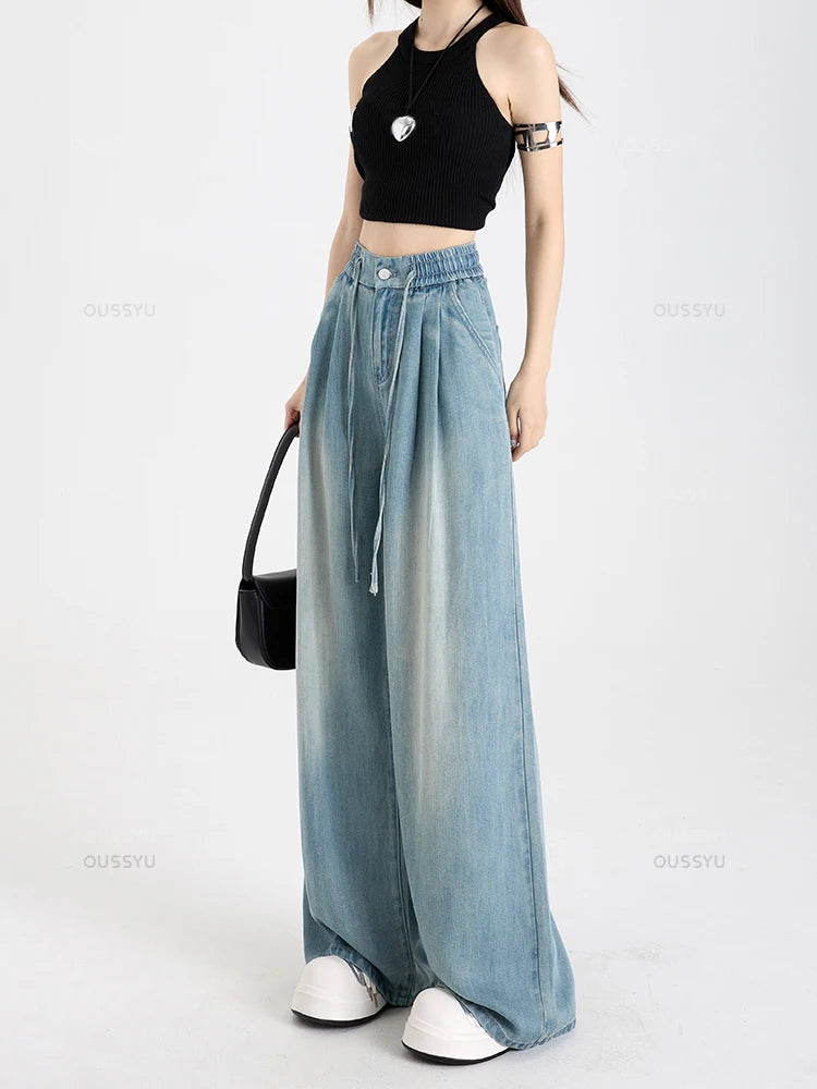 Estate di Lusso Morbido Accogliente 100% Tessuto Lyocell Donna Jeans Allentati Gamba Larga Elastico in Vita Pantaloni Moda Casual Più Lunghezza