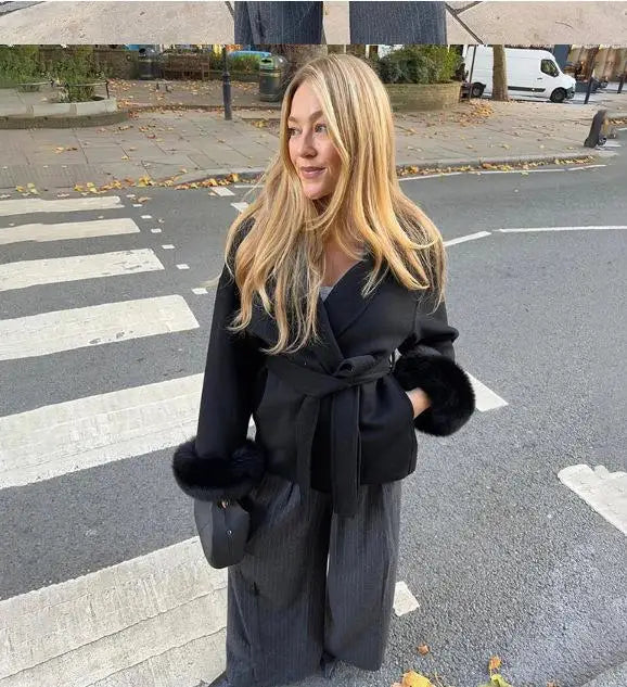 Elegant Women's Lace Up Woolen Coats Solid Full Sleeve Turn-down Collar Loose Lady Coats 2026 Autumn Winter Female Streetwear