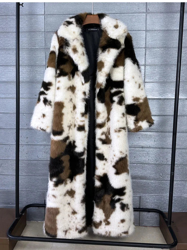 ZADORIN 130cm Long Thicken Lapel Cow Print White Brown Faux Fur Coat Woman Clothing Luxury Fluffy Jacket Winter Fur Coats Woman