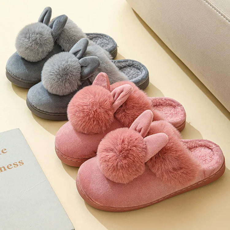 Thick Sole Winter Plush Slippers Cozy Faux Rabbit Fur Indoor House Shoes for Women & Men Couple Matching Slides with Closed Back