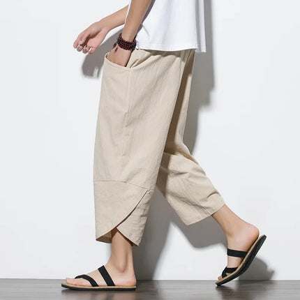 Pantaloni Estivi da Uomo 2026 Stile Cinese in Cotone e Lino, Pantaloni Harem Traspiranti da Spiaggia, Pantaloni Casual a Tre Quarti, Streetwear