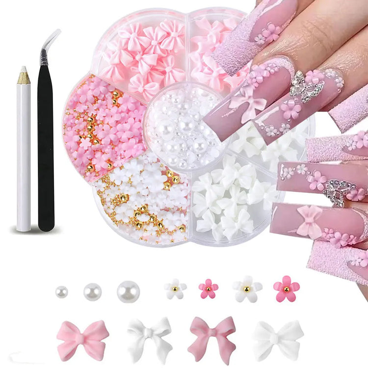 1box 3D Flower Bow Nail Art Decorations Kit Pink/White Acrylic Floral/Peal Beads Nail Charm with Wax Pen/Tweezer 4/6mm Nail Part Nail