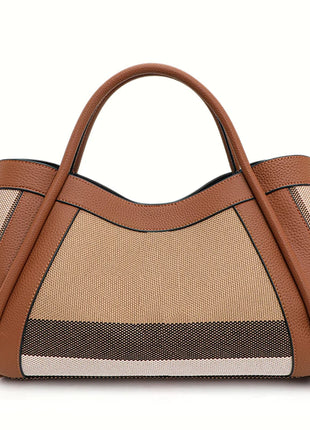 Borsa Tote in Tessuto a Righe con Bordi in Ecopelle, Manico Largo, Borsa a Spalla Grande per Uso Quotidiano e Pendolarismo