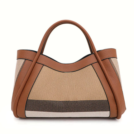 Borsa Tote in Tessuto a Righe con Bordi in Ecopelle, Manico Largo, Borsa a Spalla Grande per Uso Quotidiano e Pendolarismo