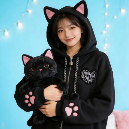 Cute Cat Ear Velvet Hoodies Women Cat Claw Long Sleeve Coat Black Harajuku Y2k 2000s Punk Rock Goth Sweetheart Women Jackets