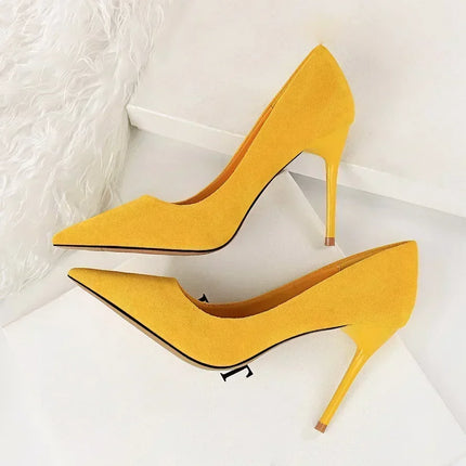Donne 9 cm Tacchi alti Festa quotidiana Décolleté in pelle scamosciata colorata Scarpins femminili Stiletto Banchetto serale Rosso Giallo Scarpe Plus Size 34-43