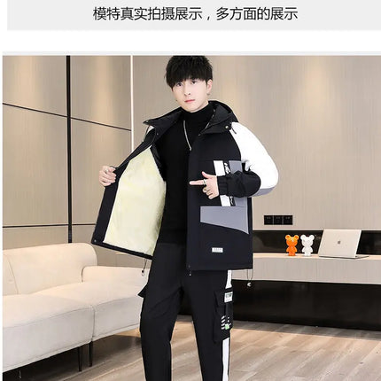 Men's Casual Wool Lined Thickened Hooded Set Fashionable Warm Sweatshirt Jacket Trendy Autumn Winter Men 2 Piece