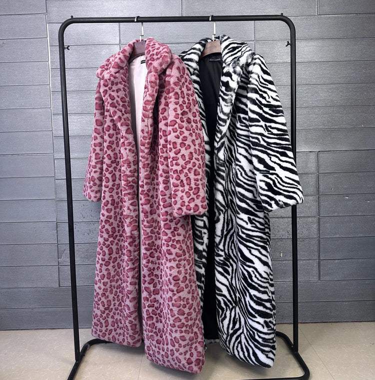 ZADORIN Elegant 130cm Long Furry Faux Rabbit Fur Coat Woman Y2K Clothes Leopard Lapel Faux Fur Jacket Woman Winter Fur Faux Coat