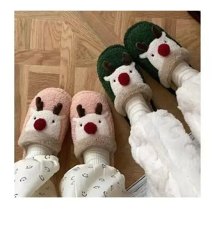 Winter Christmas Women Home Slippers Men Indoor Soft Non-slip Sandals Couples Warm Plush Flat Slides Adults Unisex Lovely Shoes