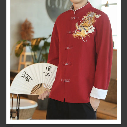 Camicie da Uomo a Maniche Lunghe in Stile Cinese, Ricamate, per Kung Fu e Tai Chi, Cardigan Retrò in Lino, Abito Tradizionale Tang, Top Tradizionale da Uomo