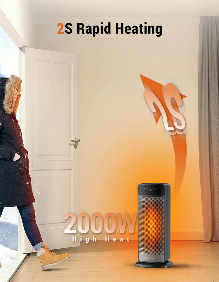 Portable Electric Heater with Remote Control 2000W PTC Ceramic Space Heater 16inch Oscillating Instant Warmth Quiet Air Blower Fan V0-Grade Fireproof Materials Overheat Protection Tilting Protection Home Appliance for Bedroom