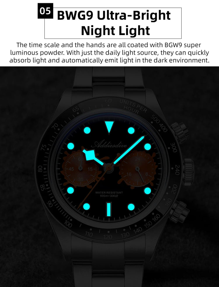 ADDIESDIVE VK64 Watches Men New Quartz Wristwatch Luxury Ceramic Bezel Chronograph BGW9 Luminous Diving 100m Waterproof AD2520