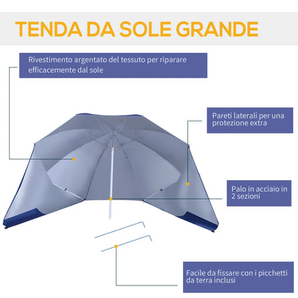 Outsunny Beach Umbrella Ø2.1x2.2 m with Side Flap, Carry Bag and Stakes, Garden Umbrella with 8 Ribs and 2-Section Metal and Polyester Design, UV50+, Blue