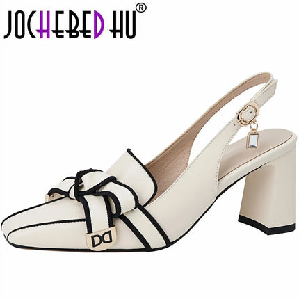 【JOCHEBED HU】2026 New Summer Retro Women's High Heels Thick Heel Square Toe Back Empty Shoes Trend 33-46