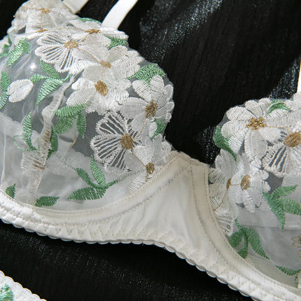 Elegant White Floral Embroidered Sheer Lace Lingerie Set Strappy Underwire Bra Garter Belt Thong Intimate Nightwear Apparel Lady