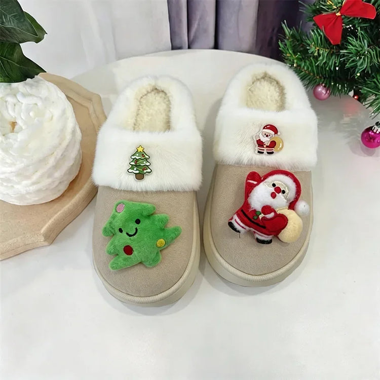 2026 Women Cute Santa Claus Plush Christmas Slippers Winter Warm Furry Fur Indoor Slippers Woman Platform Home Slides Girls Gift