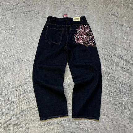 Casual suit retro low waist hip hop cherry blossom embroidered jeans wide leg pants y2k clothing mens embroidered loose jeans PlatiNum
