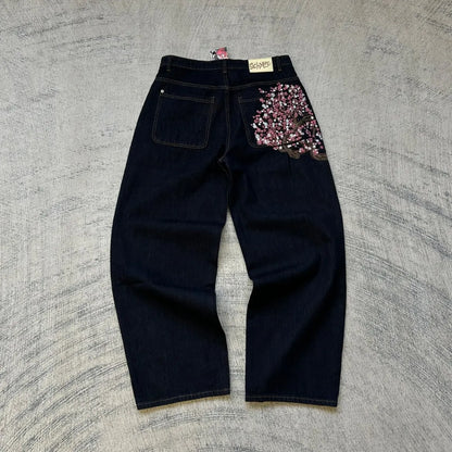 Abito casual retrò vita bassa hip hop fiori di ciliegio jeans ricamati pantaloni a gamba larga y2k abbigliamento jeans larghi ricamati da uomo