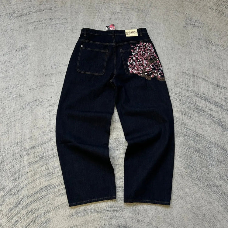 Casual suit retro low waist hip hop cherry blossom embroidered jeans wide leg pants y2k clothing mens embroidered loose jeans PlatiNum