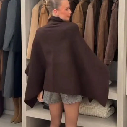 HH Women's New Fashion Versatile Solid Stand Collar Knitted Cape Coat Female Casual High Street Asymmetric 3-Colors Jacket Mujer