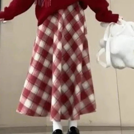 Red Plaid Midi Skirt Women Fall Winter Vintage High Waist Sweet Woolen Cloth Skirts Retro Loose Preppy Aesthetic Female Skirt PlatiNum