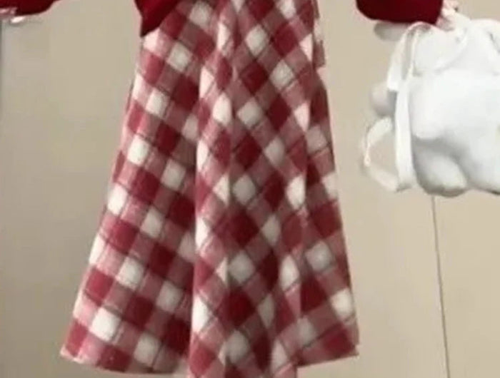 Red Plaid Midi Skirt Women Fall Winter Vintage High Waist Sweet Woolen Cloth Skirts Retro Loose Preppy Aesthetic Female Skirt PlatiNum