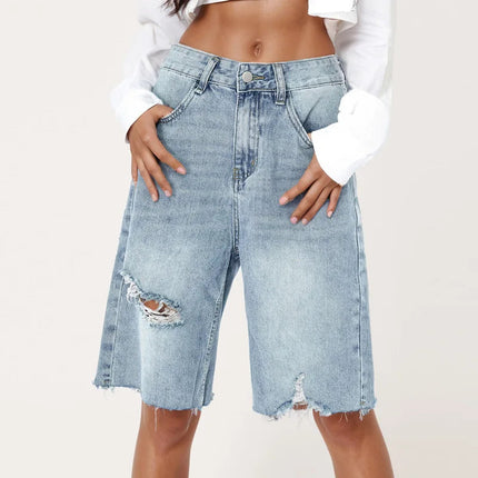 Benuynffy Bf Style Raw Hem Denim Shorts Women's Streetwear High Waist Hip Hop Loose Ripped Straight Wide Leg Half Shorts Jeans PlatiNum