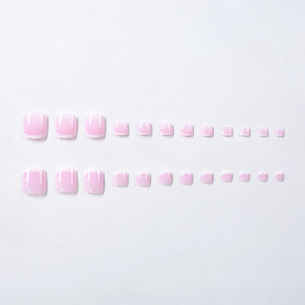 24pcs French Flower Fake Toenails Short Square White Border Press On Nail Tips With 1Jelly Stickers Full Coverage False Nail Tip