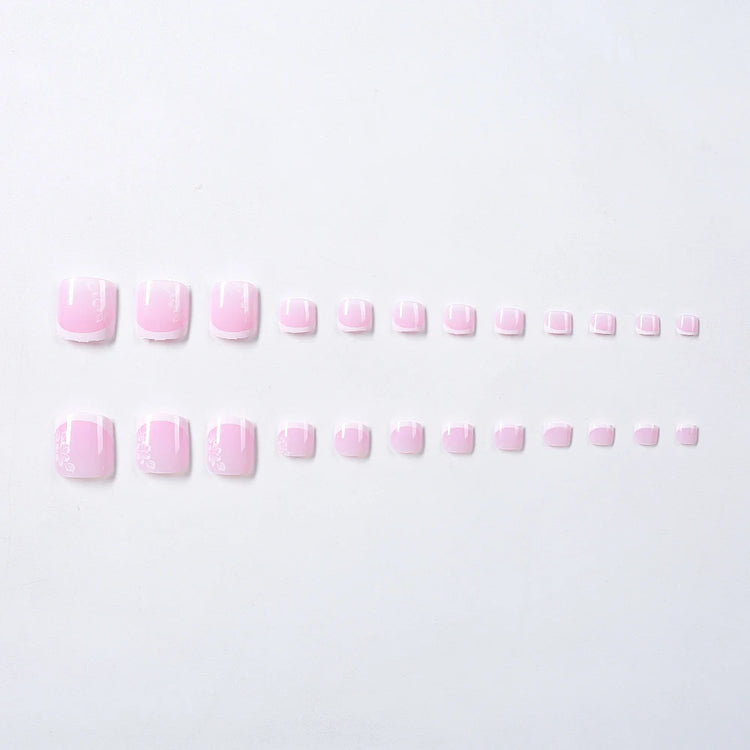 24pcs French Flower Fake Toenails Short Square White Border Press On Nail Tips With 1Jelly Stickers Full Coverage False Nail Tip