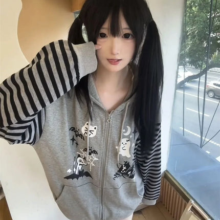 Cat Ear Hooded Sweatshirts Jackets Women Clothing Y2k Tops Patchwork Striped Anime Hoodie Ropa Mujer Casual Fashion Hoodies Coat