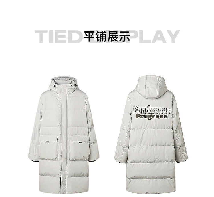 Metersbonwe Men's Long Hooded Down Jacket  Male Stand Collar Jacket with Hem Side Zipper Letter Printing Duck Down Padded Brand