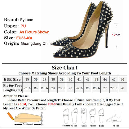 Super Thin Heel 8 10 12CM Sexy All Spikes Rivets Women Pumps Pointed Toe Super High Heels Party Nightclub Fashion Shoes Size 46