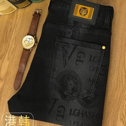 Spring and Autumn Korean Slim Jeans for Men 2025 High-end Luxury Clothing Black Printing Mid-waist Stretch Casual Pencil Pants PlatiNum