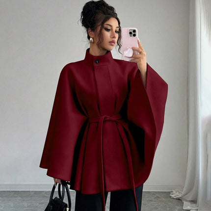 Elegant Women's Woolen Coat Autumn Winter Stand up Collar Cape Style Design Tie Waist Atmospheric Fashionable Ladies Outerwear