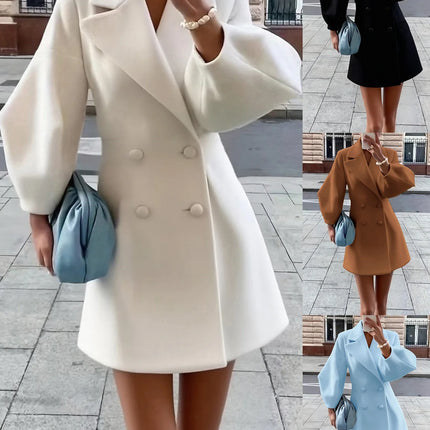 2026 Retro European Style Lantern Sleeve Notch Collar Woolen Coat Short Length Vintage Court Fashion Women's Outerwear