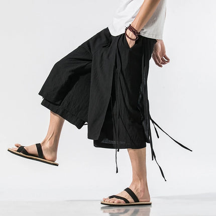 Pantaloni da uomo irregolari in cotone e lino, stile Harajuku, a gamba larga, tinta unita, casual, con elastico in vita, vestibilità ampia, stile punk