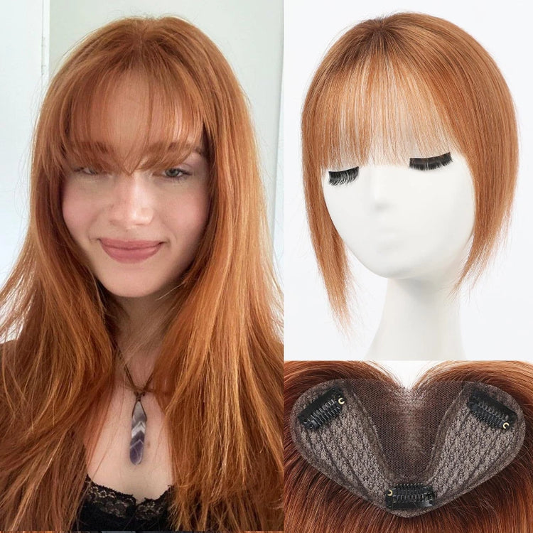 Brown Real Human Hair Toppers with Air Bangs 8inch Hairs Topper Hand-Tied Lace Base 360° Coverage for Women with Thinning Hair
