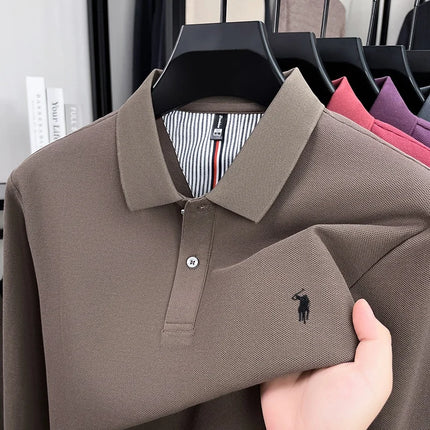 100% pure cotton autumn and winter men's sports fashion brand embroidered pony long-sleeved POLO business casual T-shirt