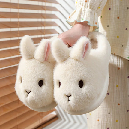 Women's Cute Rabbit Cotton Slippers Autumn and Winter Cartoon 3D Bunny with Plush Insulation, Thick Bottom, Home Plush Slippers