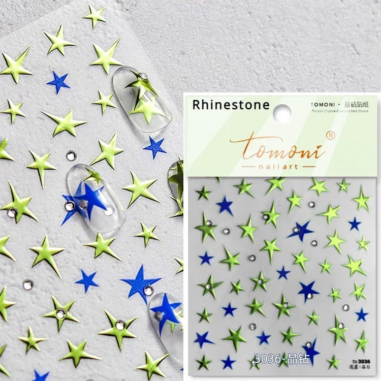 Punk Glitter Powder Blue Pink Star Charm Laser Silver Gold Starlight Rhinestones Moon DIY Nail Art Stickers Manicure Tool Decals