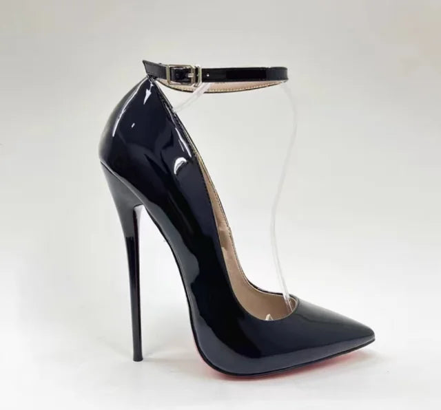 CACA 16cm décolleté da donna con tacchi estremamente alti, scarpe basse Sexy in pelle verniciata, cinturino alla caviglia, nero, rosso, bianco, colori personalizzati, Dropship