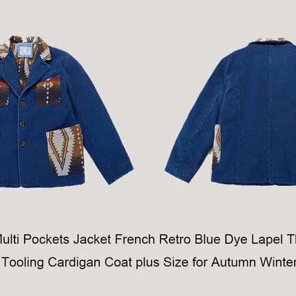 Men's Indigo Multi Pockets Jacket French Retro Blue Dye Lapel Thick Workwear Tooling Cardigan Coat plus Size for Autumn Winter