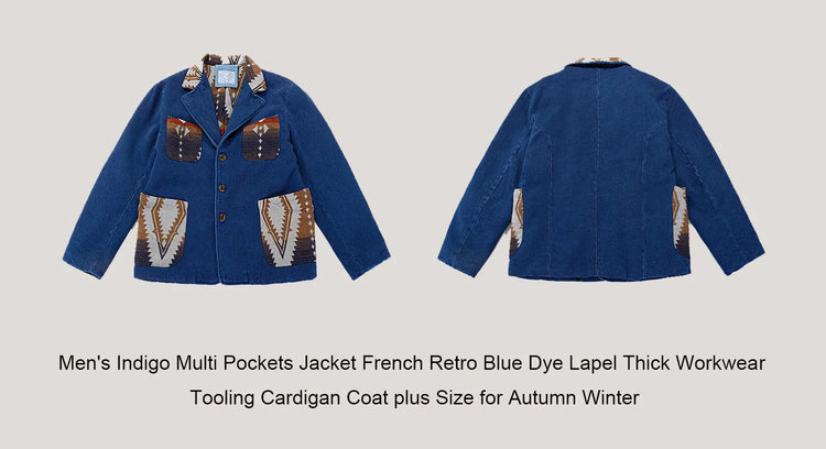 Men's Indigo Multi Pockets Jacket French Retro Blue Dye Lapel Thick Workwear Tooling Cardigan Coat plus Size for Autumn Winter
