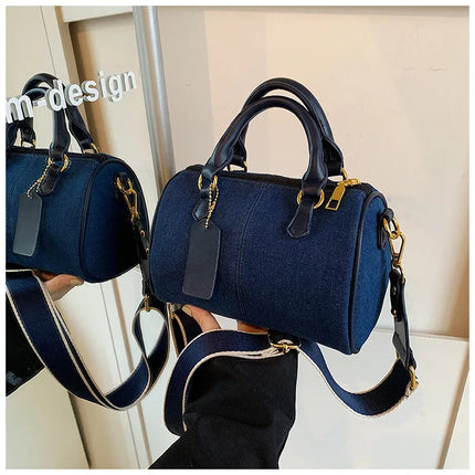 Patchwork Colorblock Mini Handbags For Women Denim Shoulder Cross Body Bags Casual Street Small Boston Bag 2025 Designer Purses PlatiNum