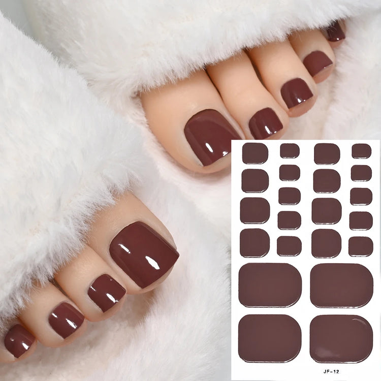 22Tips Red Christmas Baking Free Toenail Sticker Glossy Solid Color Self-adhesive Toe Nail Strips Festival Full Cover Foot Wraps2028