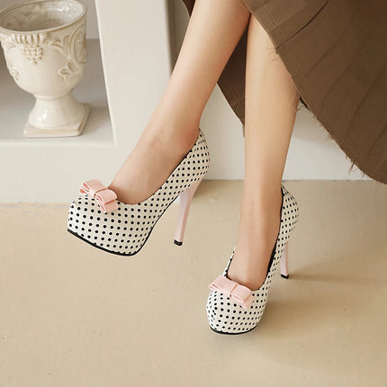 Sexy Super High Heels Women Platform Pumps Polka dot Bow Party Dress Shoes Woman Elegant Wedding Shoes Female 12cm Stilettos PlatiNum