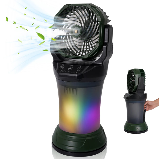 Ventilatore Nebulizzatore da Campeggio Esterno ABS+PP 2000ml 15000mAh con Nano Spray, Torcia RGB e 4 Velocità, Rotazione a 90° °   Oscillazione Giallo/Verde Scuro