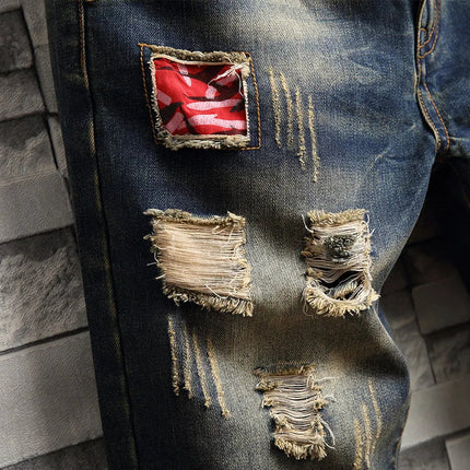 Men Ripped Short Jeans Summer Cotton Knee Length Shorts Breathable Vintage Denim Pants Painted Graffiti Streetwear Cargo Jeans PlatiNum